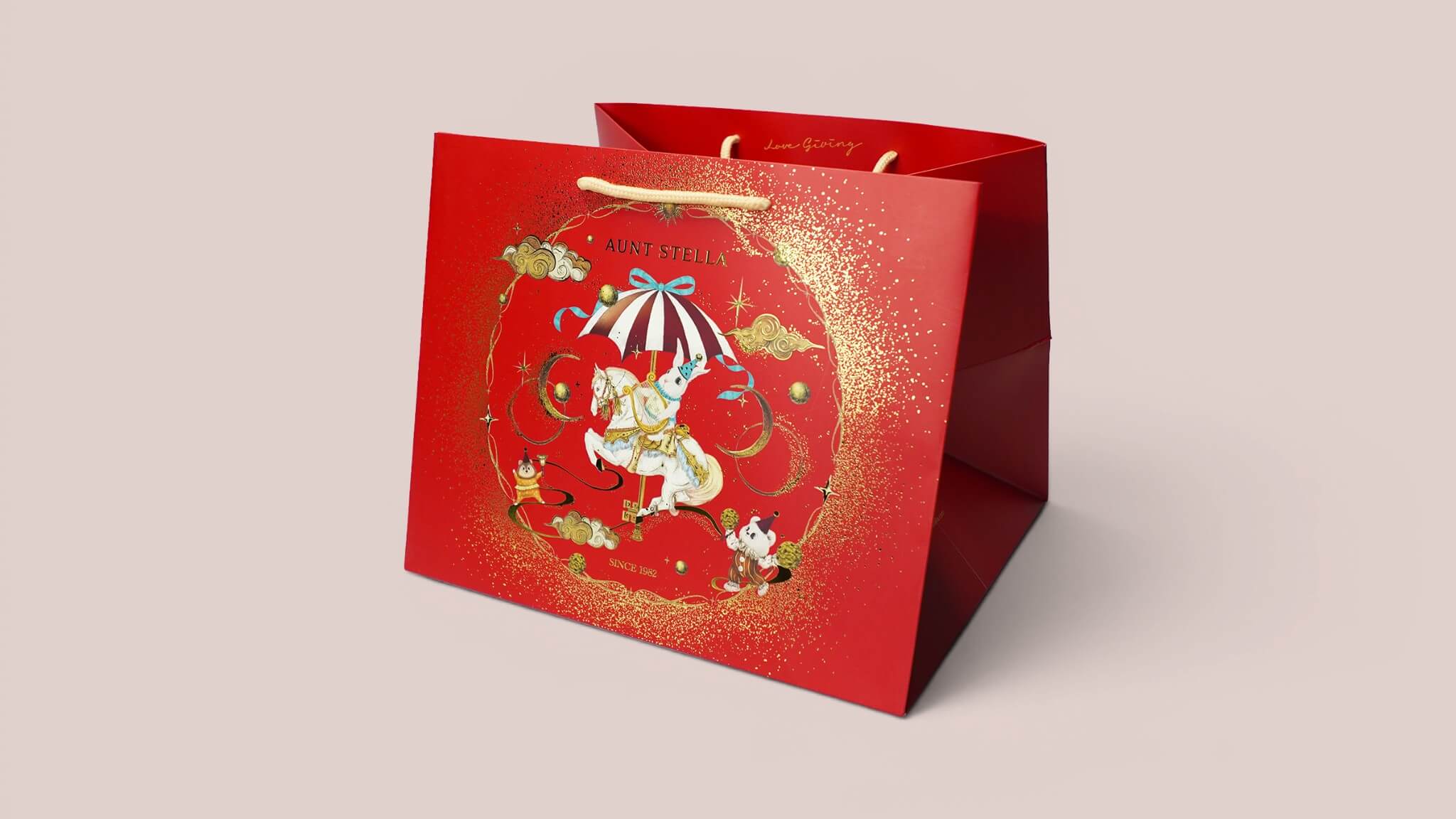 Matte laminated coated paper bag with full-color printing and one-color full-bleed background